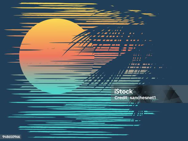 Sunset On Tropical Beach Stock Illustration - Download Image Now - Summer, Beach, Retro Style