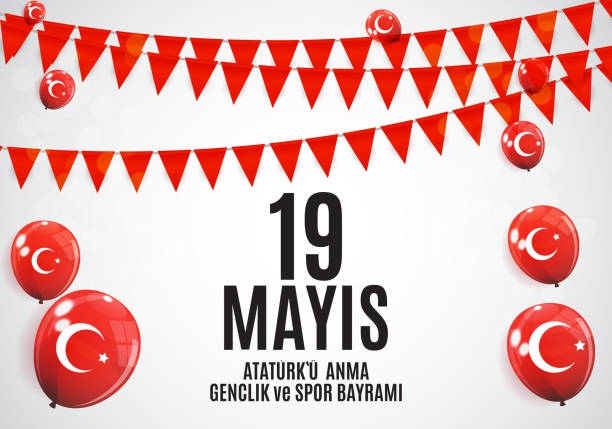 19 maja obchody dnia ataturka, młodzieży i sportu (tureckie: 19 mayis ataturk'u anma, genclik ve spor bayrami).  turecka kartka z życzeniami na wakacje. wektor illustratio - 19th of may stock illustrations