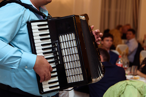 happy accordion musician playing at wedding reception, hand on harmonica