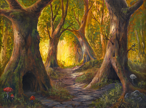 fairy tale forest, acrylic painting on watercolor paper