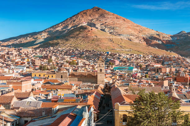 Old town Potosi with Cerro Rico mountain Bolivia Stock photograph of the old town and the landmark Cerro Rico mountain and mine in the city of Potosi Bolivia. bolivian andes photos stock pictures, royalty-free photos & images