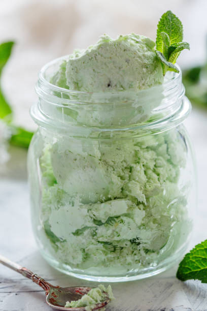 istock Ice cream with mint and lime in a glass jar. 948667890