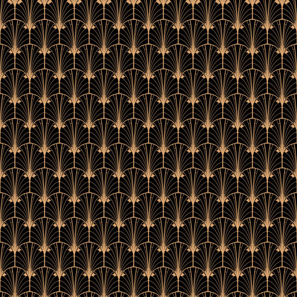 Seamless pattern in art deco retro style Seamless pattern in art deco retro style. Black and gold sequins geometric vector repeat background. peacock feather fan stock illustrations