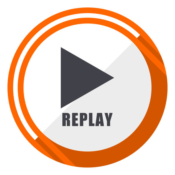 Replay flat design orange round vector icon in eps 10 Replay flat design orange round vector icon in eps 10 replay stock illustrations