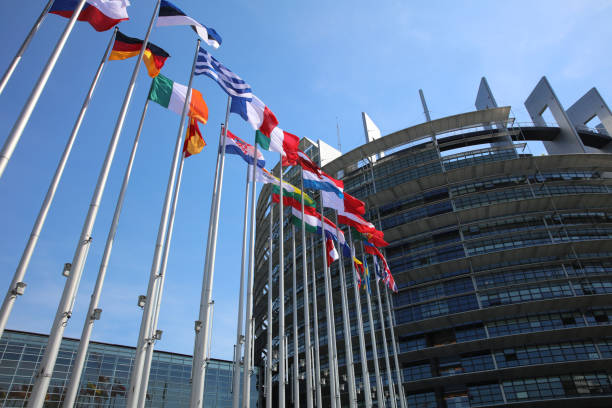 EU members flags in front of the European Parliament Building in Strasbourg. France stock photo