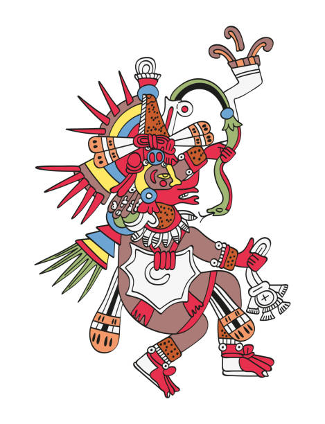 God Quetzalcoatl, the feathered serpent Quetzalcoatl, the feathered serpent. God of Wind and Wisdom. Twin brother of Tezcatlipoca. Deity as depicted in the antique Aztec manuscript painting Codex Borbonicus. Illustration over white. Vector. trogon stock illustrations