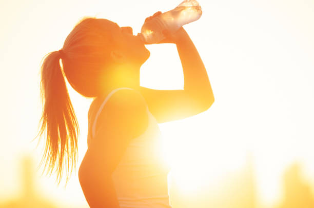 istock Silhouette of a woman drinking form a cold water bottle. 948693422