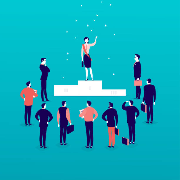 Vector flat illustration with successful business lady standing on podium in front of office men and businessmen crowd isolated. Vector flat illustration with successful business lady standing on podium in front of office men and businessmen crowd isolated. Gender equality, lady upwards. Success, respect, achievement - metaphor gender equality at work stock illustrations