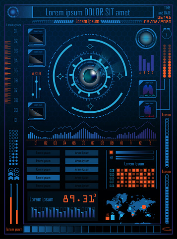 Technology Concept With Hud, Gui Design Elements. Head-up Display Monitor. Futuristic User Interface. Infographic Menu Ui For Vr. Hi Tech Concept Background Template. Vector Illustration.