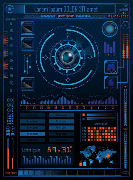 Technology Concept With Hud, Gui Design Elements. Head-up Display Monitor. Futuristic User Interface. Infographic Menu Ui For Vr.  Vector Illustration. Technology Concept With Hud, Gui Design Elements. Head-up Display Monitor. Futuristic User Interface. Infographic Menu Ui For Vr. Hi Tech Concept Background Template. Vector Illustration. hud graphical user interface stock illustrations