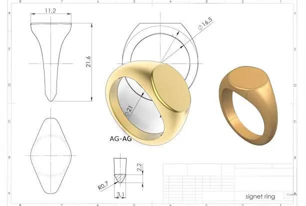 3D rendering of signet ring above engineering drawing
