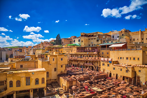 the largest and busiest of the four traditional  leather tanneries still operating in the medina in Fez, Morocco