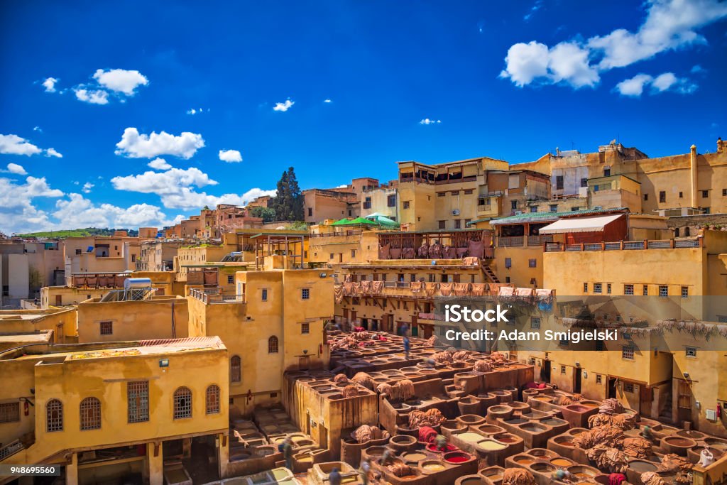 traditional leather tannery, Fez (HDRi) the largest and busiest of the four traditional  leather tanneries still operating in the medina in Fez, Morocco Fez - Morocco Stock Photo