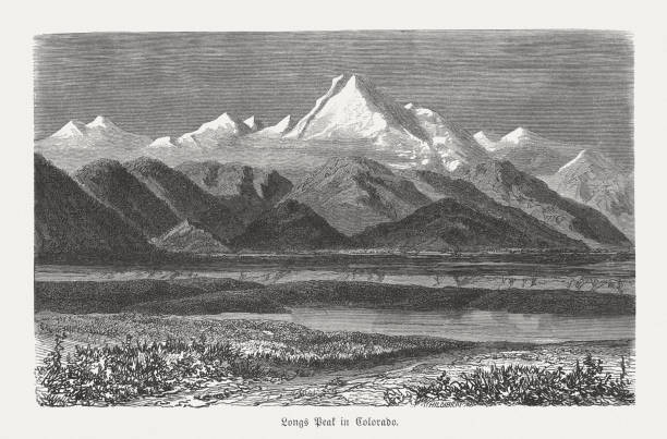 콜로라도, 미국, 나무 조각, 걷고 피크 1868 년에 출판 - longs peak stock illustrations