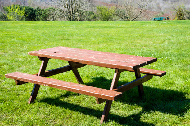 istock Wooden picnic table and bench in garden 948704628