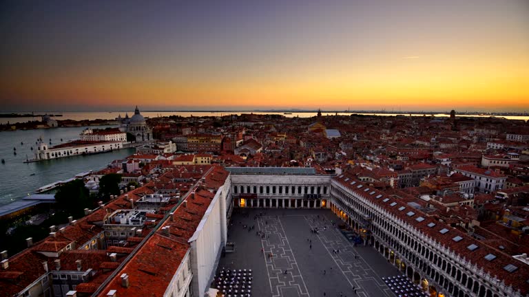 Top view of old town Vanice at sunset