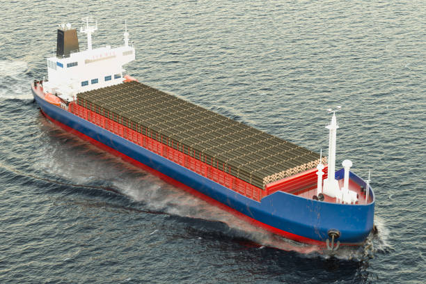 istock Freighter ship with wooden timbers sailing in ocean, 3D rendering 948709342