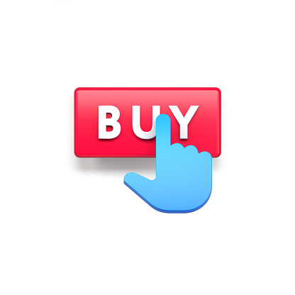 Buy glossy red button on white background