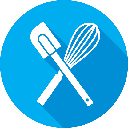 Vector illustration of a blue spatula and whisk icon in flat style.
