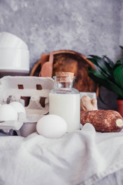 istock Fresh eggs and milk in rustic kitchen. Natural eco products 948736172