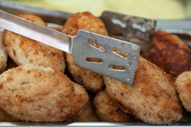 Fresh chicken cutlets for delivery in the dining room. Hot toasted cutlets.