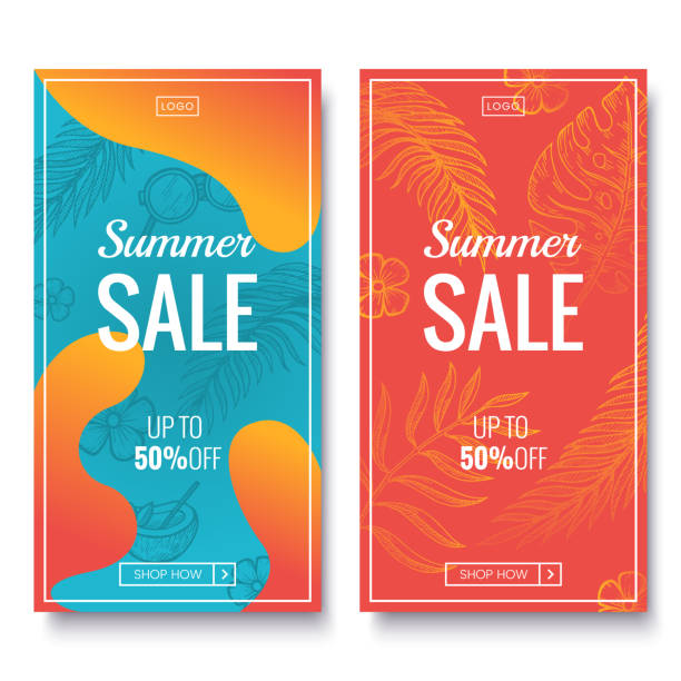 Summer sale banner template. Colorful banners with tropical palm leaves pattern. Summer promotion vertical coupon. Applicable for discount flyer, roll up, poster. Vector illustration. Summer sale banner template. Colorful banners with tropical palm leaves pattern. Summer promotion vertical coupon. Applicable for discount flyer, roll up, poster. Vector illustration. coconut borders stock illustrations