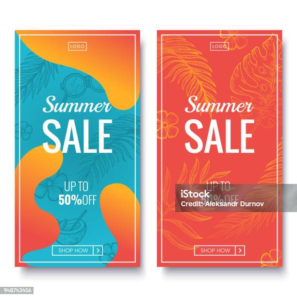 Summer Sale Banner Template Colorful Banners With Tropical Palm Leaves Pattern Summer Promotion Vertical Coupon Applicable For Discount Flyer Roll Up Poster Vector Illustration Stock Illustration - Download Image Now