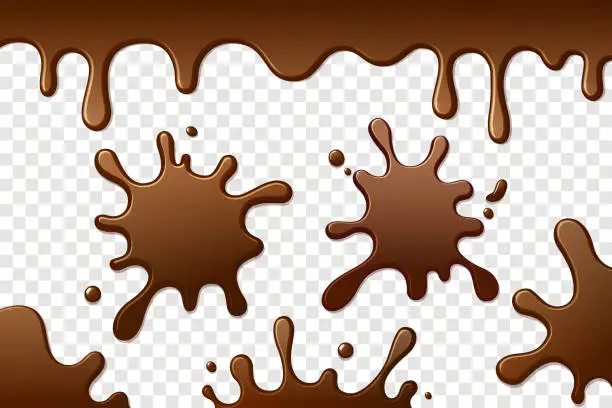 Vector illustration of Chocolate splashes isolated on transparent background. Coffee or cacao brown splash. Decorative Flowing chocolate. Vector design element for advertising, packaging, poster, menu. Eps 10.