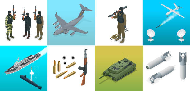 ilustrações de stock, clip art, desenhos animados e ícones de isometric icons submarine, aircraft, soldiers. set of military equipment flat high quality military vehicles transport. - sea battle