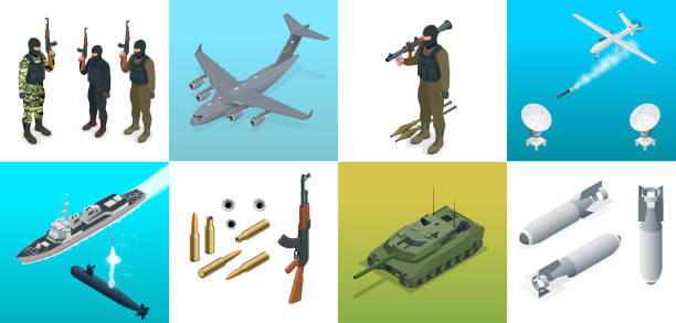 Isometric icons submarine, aircraft, soldiers. Set of military equipment flat high quality military vehicles transport. Isometric icons submarine, aircraft, soldiers. Set of military equipment flat high quality military vehicles transport drone illustrations stock illustrations
