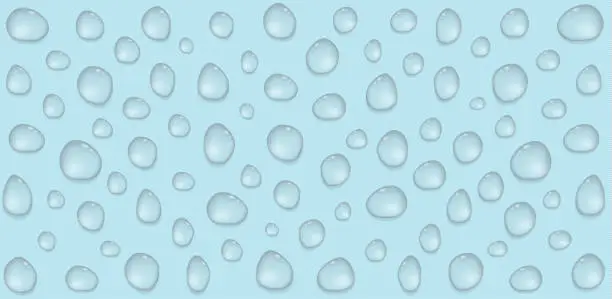 Vector illustration of 3d realistic water drops on a blue background.