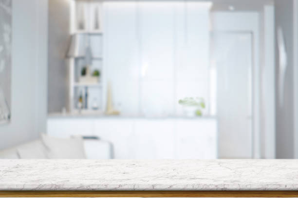 istock Living room and white marble counter table top. Empty top for product display montage 948755932