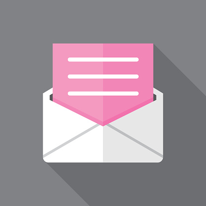 Vector illustration of a pink letter in an envelope against a grey background in flat style.