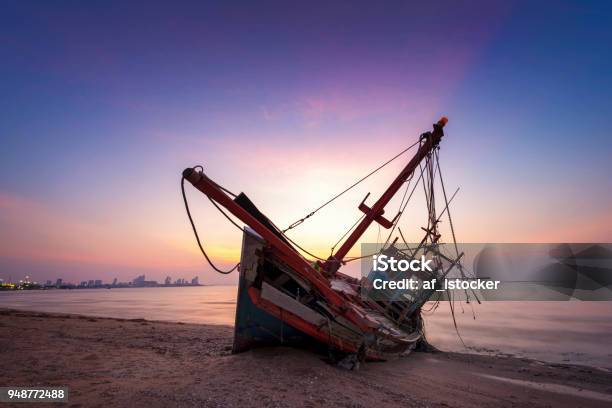 Abandoned Shipwreck Of Wood Fishing Boat Stock Photo - Download Image Now - Ship, Stranded, Shipwreck