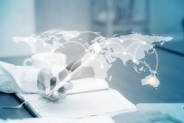 istock Closeup woman check and sending message hand holding smart mobile phone on network world map background, business communication concept, Elements of this image furnished by NASA. 948775028