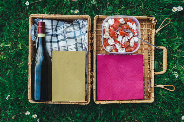 Close-up of a picnic basket in the grass