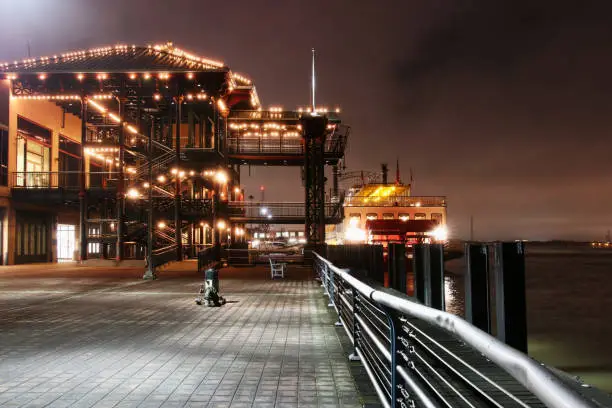 Photo of New Orleans riverwalk at night.