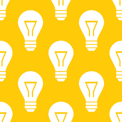 Vector illustration of lightbulbs in a repeating pattern against a yellow background.
