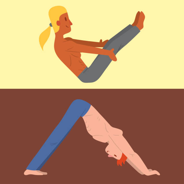 istock Yoga positions mans characters class vector card illustration meditation male concentration human peace sport lifestyle relaxation health exercise 948783456