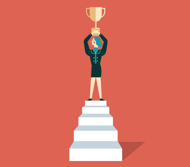 ilustraciones, imágenes clip art, dibujos animados e iconos de stock de empresaria triunfante en pasos - businesswoman winning competition staircase