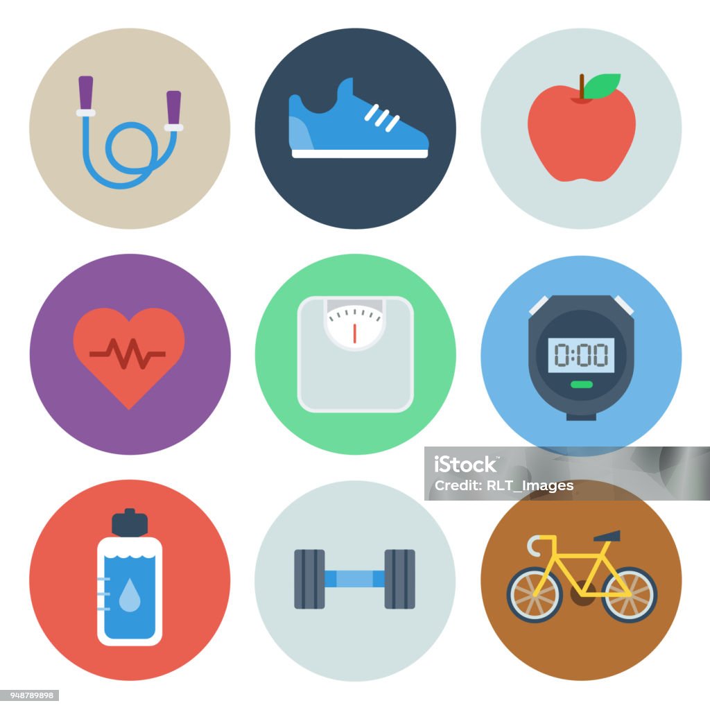 Health & Fitness Icons — Circle Series Professional icon set in flat color style. Vector artwork is easy to colorize, manipulate, and scales to any size. Icon Symbol stock vector