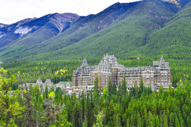 View of luxurious Banff Fairmont Springs Hotel is an historic landmark in Banff National Park, Alberta, Canada.
