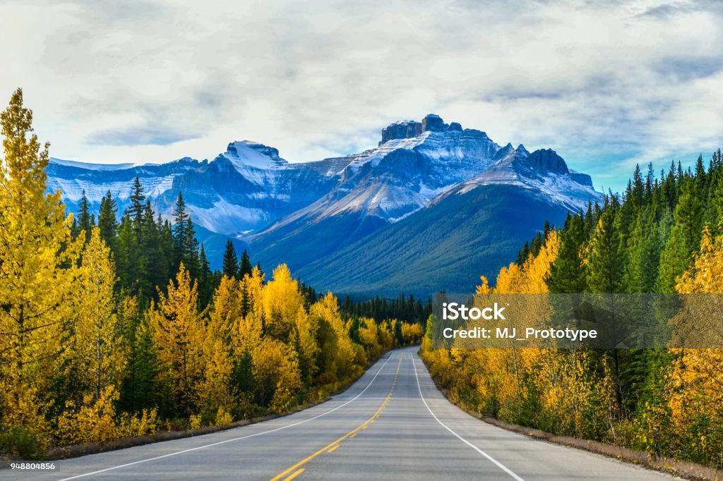 Icefield Parkway in Autumn Jasper National park,Canada The road 93 beautiful "Icefield Parkway" in Autumn Jasper National park,Canada Canada Stock Photo