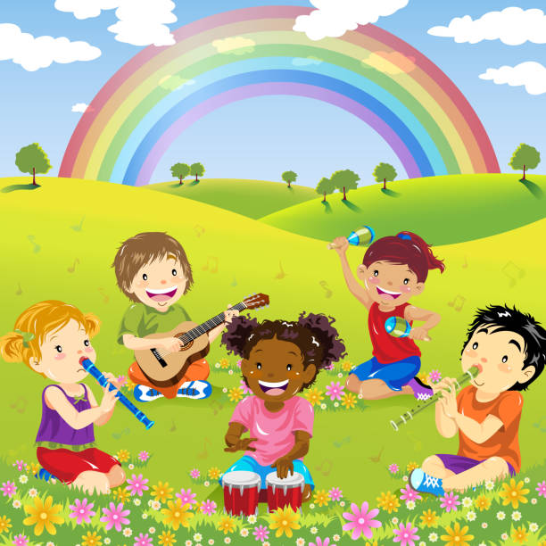 ilustraciones, imágenes clip art, dibujos animados e iconos de stock de niños tocando música en la naturaleza - country park