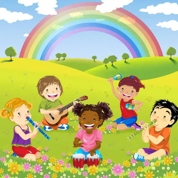 Vector illustration of Children Playing Music In Nature