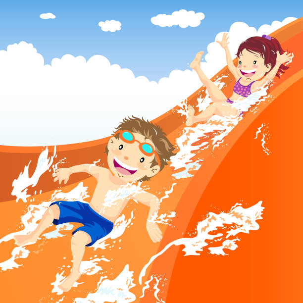 Kids Splash Down The Water Slide Two kids splash down the water slide in water park. cartoon of a swimming goggles stock illustrations