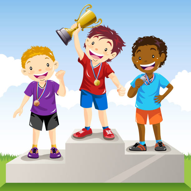 illustrazioni stock, clip art, cartoni animati e icone di tendenza di i bambini sul podio dei vincitori - medal winners podium second place first place