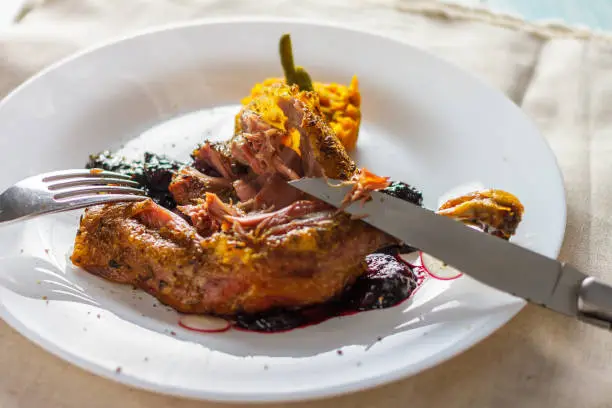 Roasted duck legs with jam and pumpkin puree and cutlery horizontal