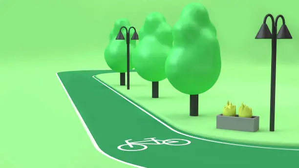 3d bike lane green parks low poly trees 3d rendering cartoon style,transportation nature save environment concept