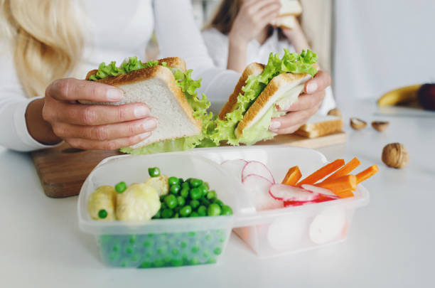 close up mom hands preparing school lunch for her daughter in home kitchen - child human hand sandwich lunch box imagens e fotografias de stock